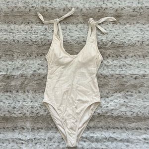 NWT womens ribbed cream tie shoulder swimsuit